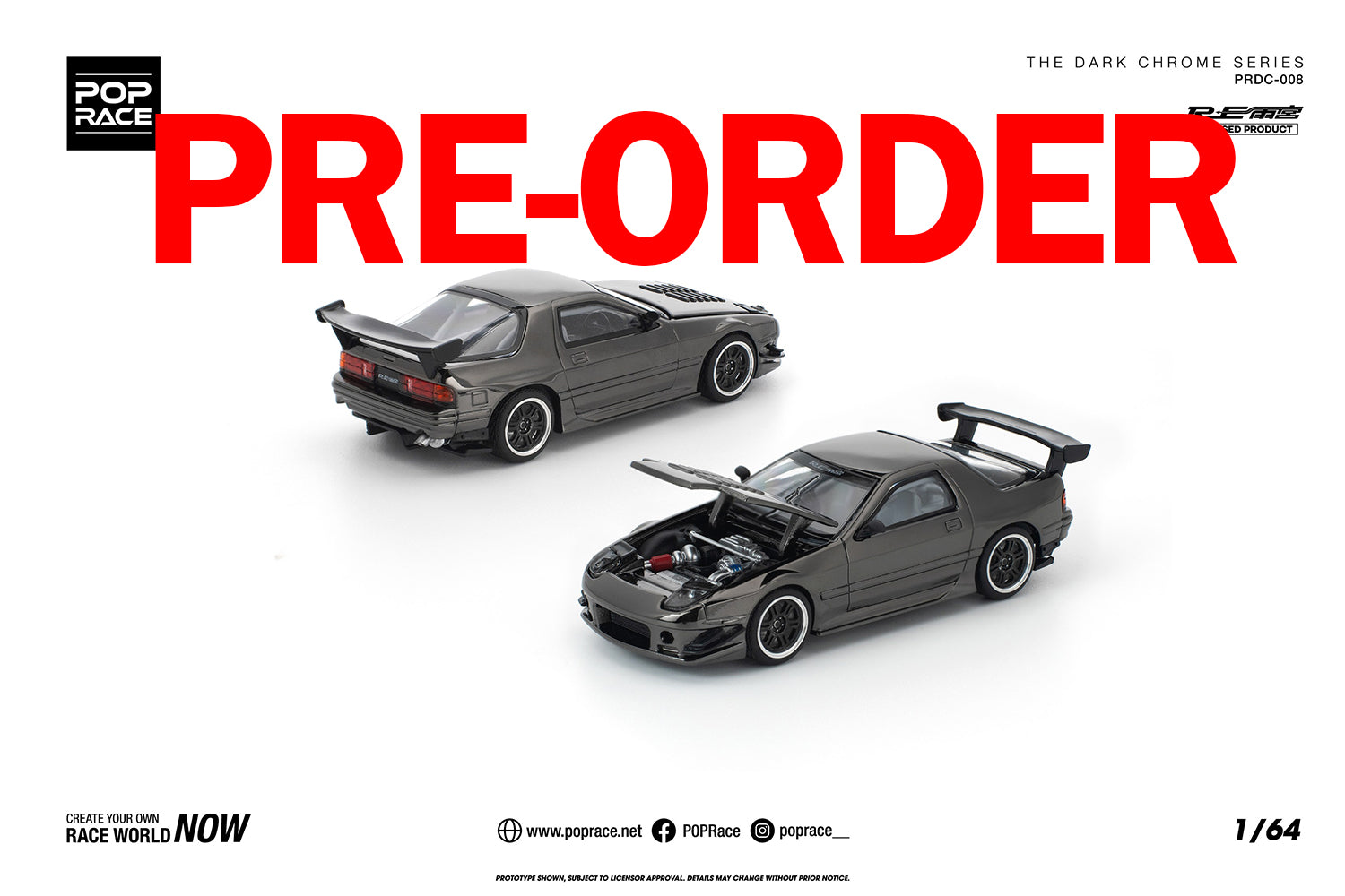 (Pre-order) POPRACE 1/64 MAZDA RX7 FC3S RE-AMEMIYA DARK CHROME Diecast Model Car