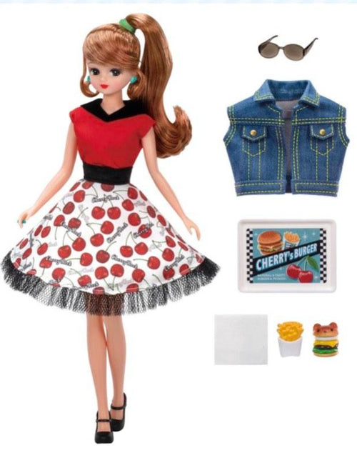 Load image into Gallery viewer, Takara Tomy Licca Chan Doll Set - Rockabilly Cherry Dress Set

