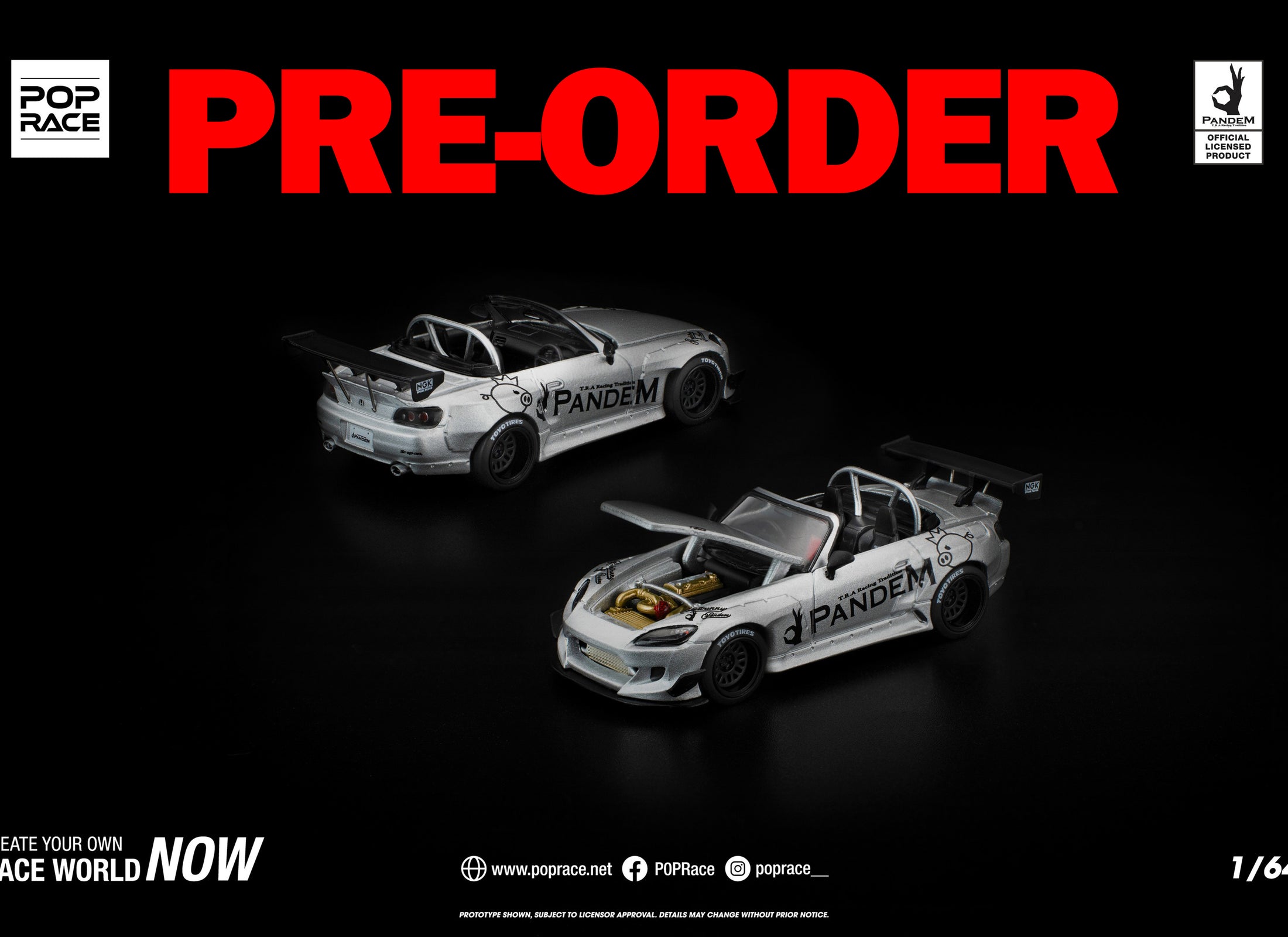 (Pre-order) POPRACE 1/64 PANDEM S2000 SILVER #PR640451 Diecast Model Car