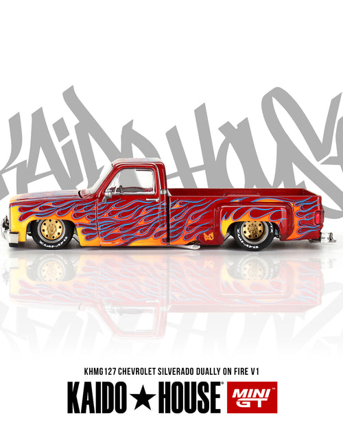 Load image into Gallery viewer, Mini GT x Kaido House 1/64 Chevrolet Silverado Dually on Fire V1
