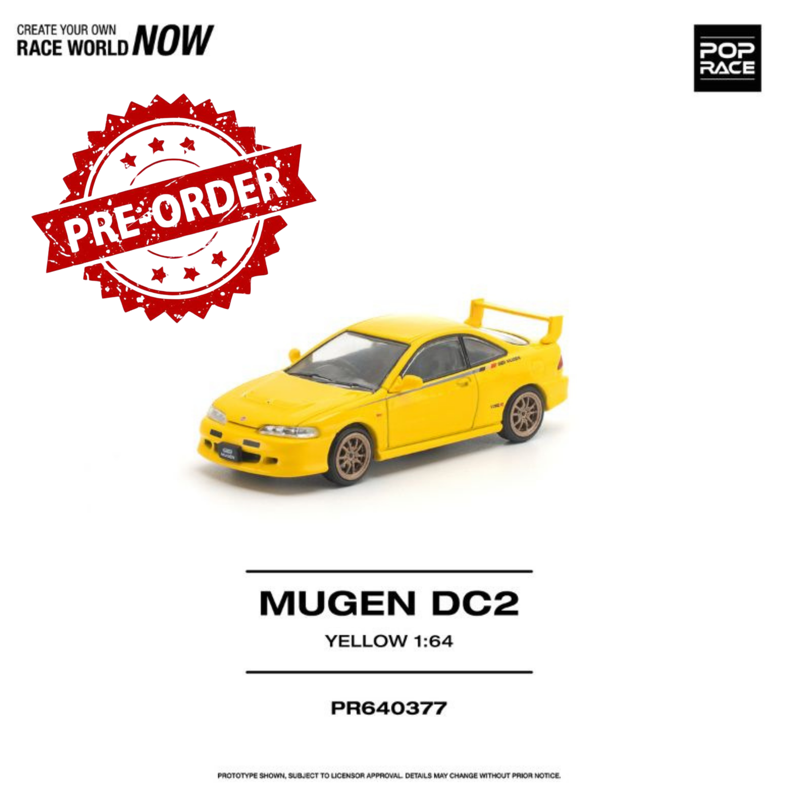 (Pre-order) POP RACE 1/64 MUGEN DC2 Yellow Diecast Model Car #PR640377