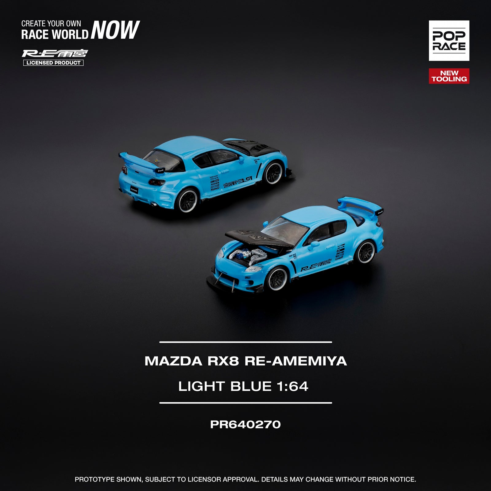 POPRACE 1/64 MAZDA RX-8 RE-AMEMIYA LIGHT BLUE (Opening Front Hood )